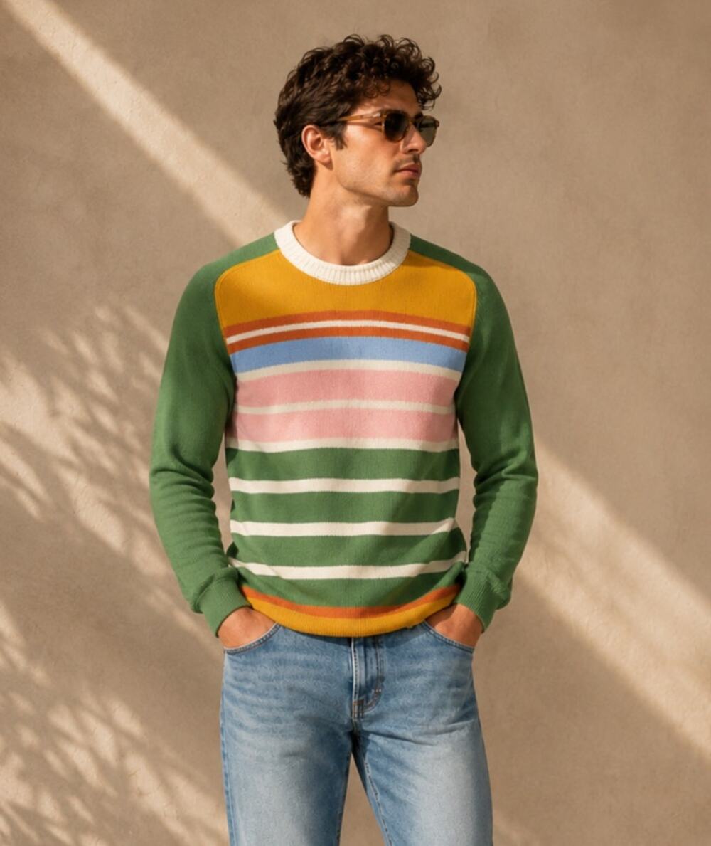 FRAME | Men's Classic Green Multi Striped Merino Wool Roll Neck Sweater S